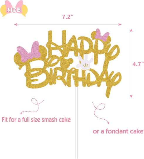 Pink And Gold Glitter Minnie Inspired Happy Birthday Cake Topper with Pink Bows and White Gloves for Girls Birthday