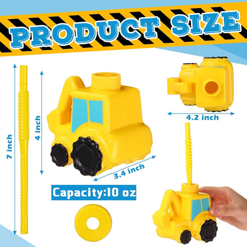 12 Set 10 oz Tanlade Excavator Truck Cups with Straws, Tractor Birthday Party Decorations Plastic Excavator Shape Cup