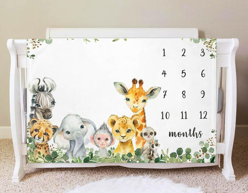Safari Animals Milestone Blanket, Jungle Baby Growth Chart Monthly Blanket, Watch Me Grow for New Moms Baby Shower