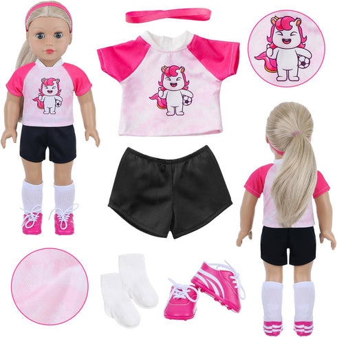 18INDC 18 Inch Set 7PCS Doll Accessories Football Sport - Includes Headband, Tops, Shorts, Shoes, Mini Soccer Ball