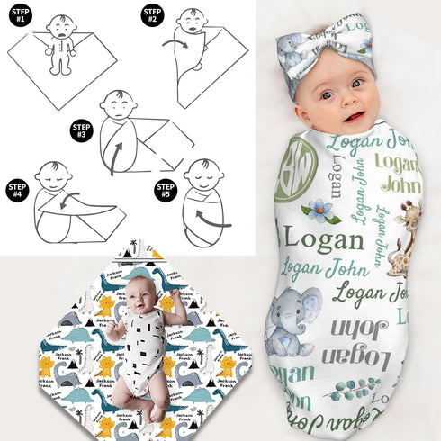 Nevaou Set Personalized Swaddle Blanket Boy Girl Newborn Essentials Custom Baby Name Blanket with Bow Headband and Hat
