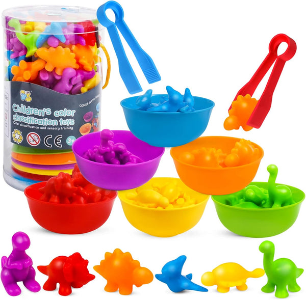 Dinosaur Toys Color Sorting and Stacking Games, Educational Sensory Montessori STEM Toy Set for Toddlers
