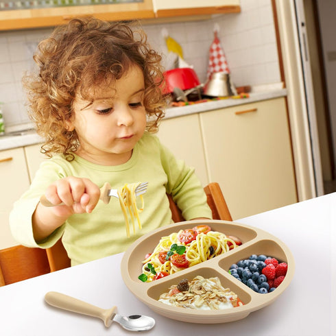 Silicone Baby Feeding Set, 2 Pack Divided Suction Plates, Spoons and Forks for Toddler Utensils, BPA Free