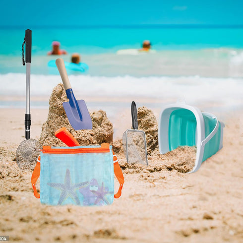 10 Pack Set Beach Toys Adjustable Extra Long Sand Sifter Mesh Shovel Mesh Beach Bag for Kids Foldable Beach Bucket