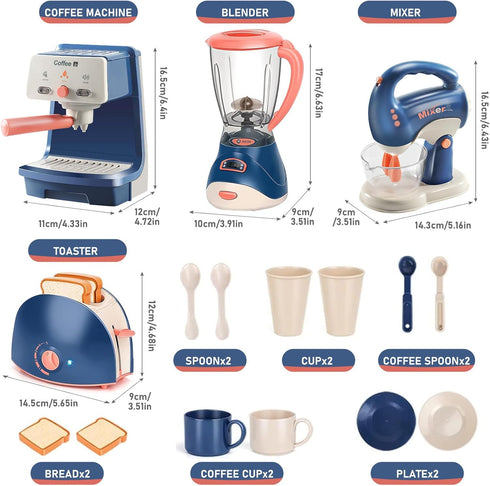 Kids Assorted Kitchen Appliance Play Toys Includes Coffee Maker ,Blender,Fruit Machine and Toaster ,Apron and Cups