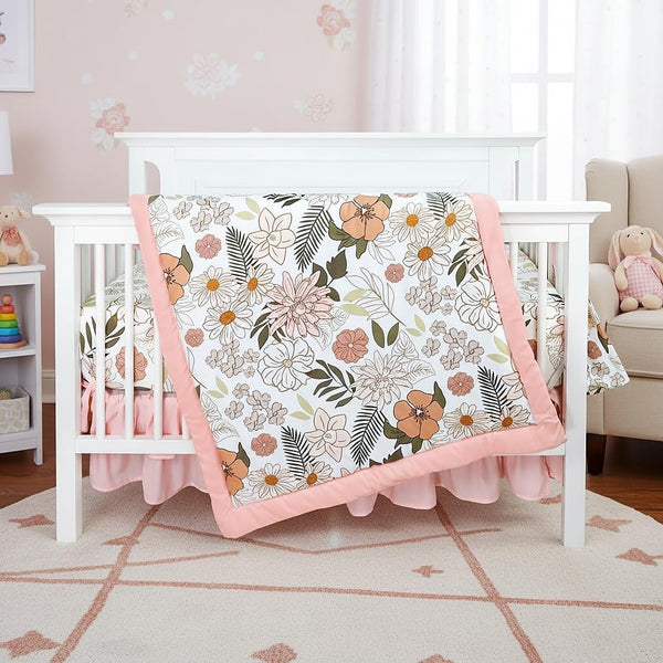4-Piece Crib Bedding Set for Girls, Pink Baby Girl Bedding Set with