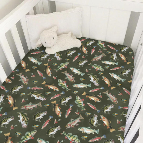 Selgkds Neutral Fishing Baby Crib Sheets for Boys Vintage Bass Fishes Trout Soft