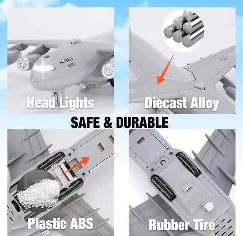 Air Force Diecast Plane Toy, Grey Metal Military Model Airplane with Lights & Sounds, Play Vehicle for Kids