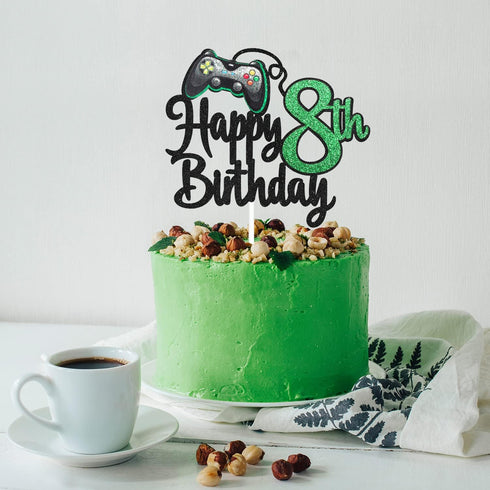 Video Game Boy's 8th Birthday Cake Topper - Happy 8th Birthday Party Supplies - Game On Level Up Winner Decoration