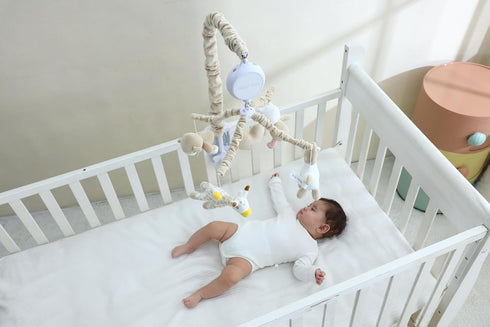 12 Musical Crib Mobile with Lullabies, Rotating Arm and Detachable Plush Toys, Unisex Clip On Mobile for Standard
