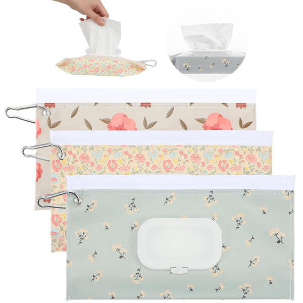 Telooco 3 Pcs Travel Wipes Case, Portable Reusable Wipes Pouch, Waterproof and Dustproof