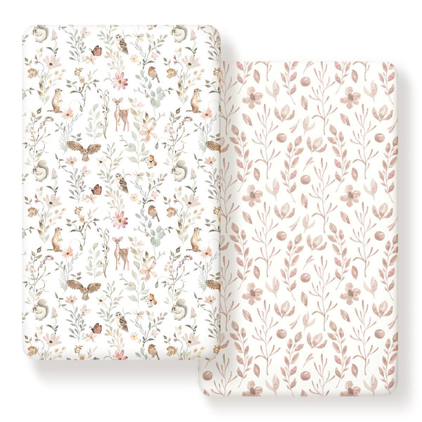 GRSSDER Stretch Ultra Soft Jersey Knit Fitted Crib Sheets Set, 2 Pack, Blush Pink Floral and Cute Animals