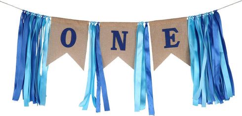 1st Birthday Decorations for Baby Boy, First Birthday Banner, Burlap Highchair Banner (Blue)