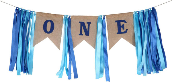 1st Birthday Decorations for Baby Boy, First Birthday Banner, Burlap Highchair Banner (Blue)