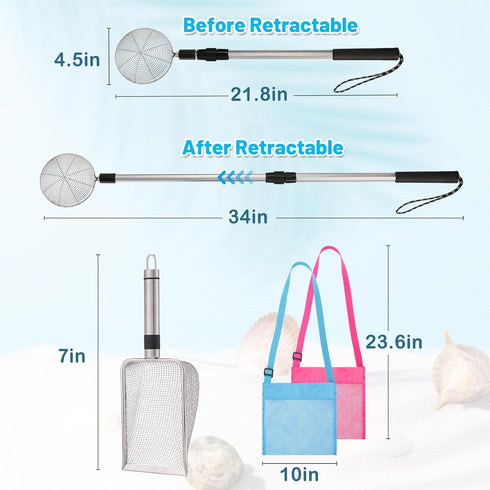 2 Pack 21.8in~34in Biggun Shark Tooth Sifter with Seashell Bags, Adjustable Sand Sifter & Beach Shovel, Beach Sand Toys