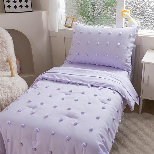 Caressma Lavender 4 Pieces Toddler Bedding Set - Lovely Pom Pom Tufted