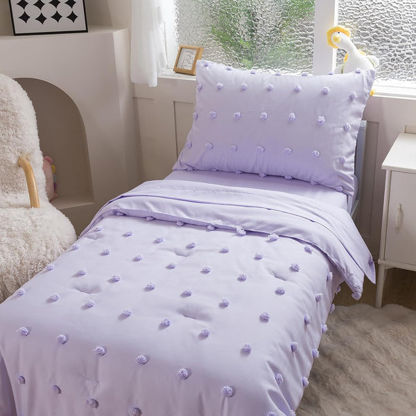 Caressma Lavender 4 Pieces Toddler Bedding Set - Lovely Pom Pom Tufted