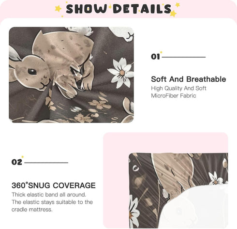 SDMKA 27x39 Inch Bunny Rabbits Brown Crib Sheets for Boys Girls - Portable Microfiber Fitted Crib Sheet for Playard