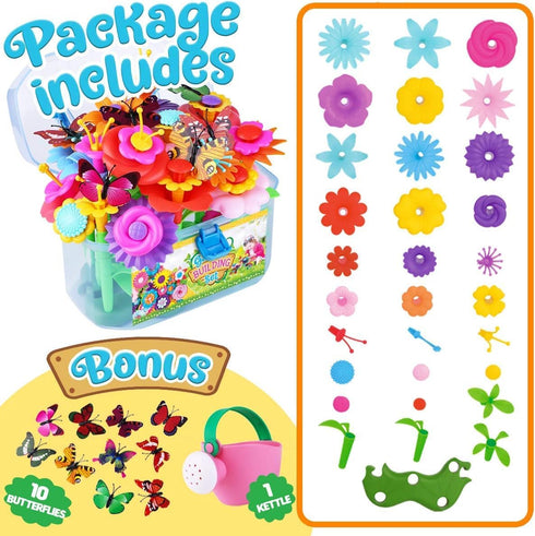 FUNZBO Flower Garden Building Toys - STEM Toy Gardening Gift for Kids, Toddler Girls Toys, Sorting and Stacking Toys, Kids Crafts, Toddler Toy Gifts for 4, 5, 6, 7 Year Old Girls