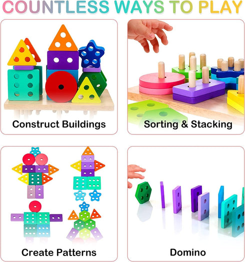 1 2 3 24-Piece 12 12+ Wooden Sorting & Stacking Toys, Montessori Toys for Years Old Toddlers, Shape Sorter Puzzles