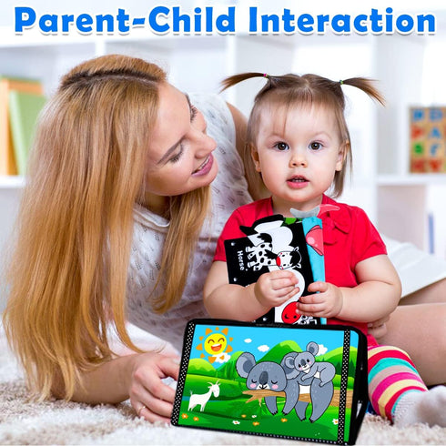 Baby Toys 0-6 Months - Tummy Time Mirror with Cloth Books & Teethers, Montessori Infant Sensory Toy for Newborns