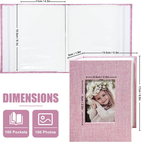 Photo Album 4x6, 100 Pockets, Linen Cover Top Loader Vertical, Slip-in Picture Pink Pockets for Wedding and Family