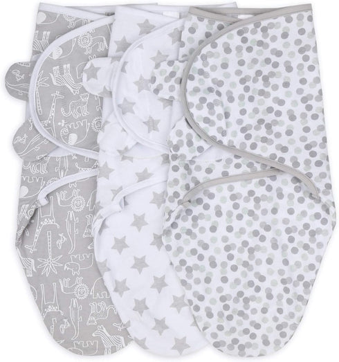 The Peanutshell Baby Swaddle Blankets, 3 Pack Wrap Set for Boys or Girls, Grey Safari Animals & Stars (Medium/Large)
