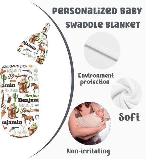 Kegono Set Personalized Cowboy Swaddle Blanket Boy Girl Newborn Essentials,Custom Baby Cowboy Swaddle Blanket and Hat