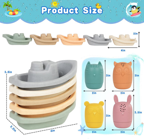 Oukitoymer 9 1-3 Baby Bath Toys Stackable Boats with Soft Silicone Squirt Water Animal Toys, Pcs Floating Stacking Boat