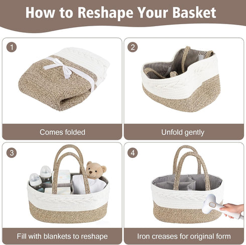 Diaper Caddy Organizer, Cotton Rope Baby Basket for Nursery and Changing Table, Portable Diaper Caddy with Removable