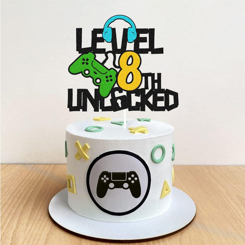 Happy 8th Birthday Cake Topper, Level 8 Unlocked for Boys, Video Game Controller Theme Party Supplies