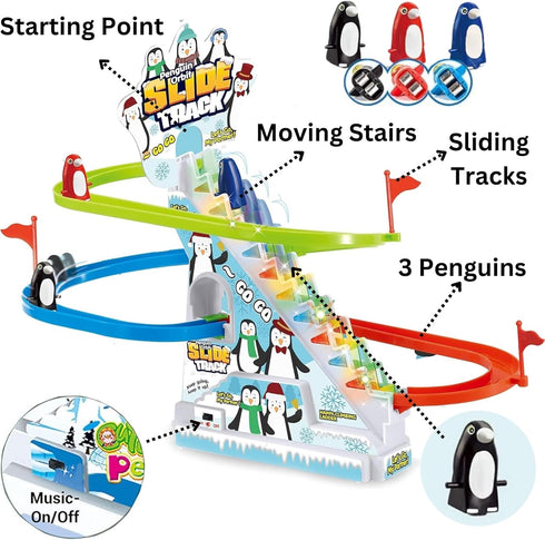 Musical Penguin Orbit Chasing Race Track Game Set - Playful Roller Coaster Playset with LED Lights