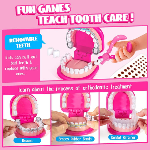 Set 3-5 4+ 5-7 ULOVEME Kids Dentist Play Pink with Braces /Removable Teeth /Retainer - Doctor Kit for Toddlers