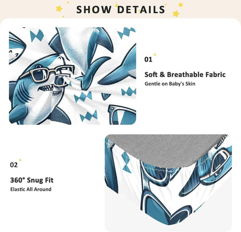 CZXW 52" 28" Funny Sharks Crib Sheets Fitted x Natural Cotton Soft & Breathable for Baby Crib Mattress