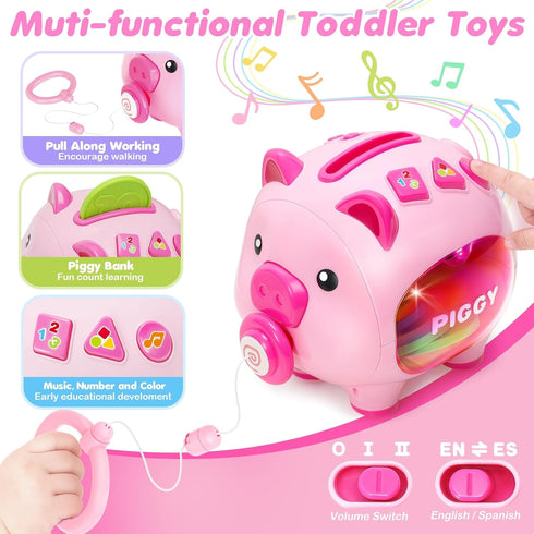 1 6-12-18 1st 7 8 9 10 Musical Piggy Toys for Year Old Girl Gift, Piggy Bank with Educational Number, Color, Animal