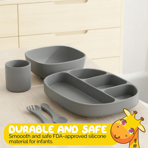 Set, 6 Baby Feeding Piece - Pebble Gray - Includes Suction Bowl, Plate, Silicone Bib, Spoon, Fork for Toddlers & Kids
