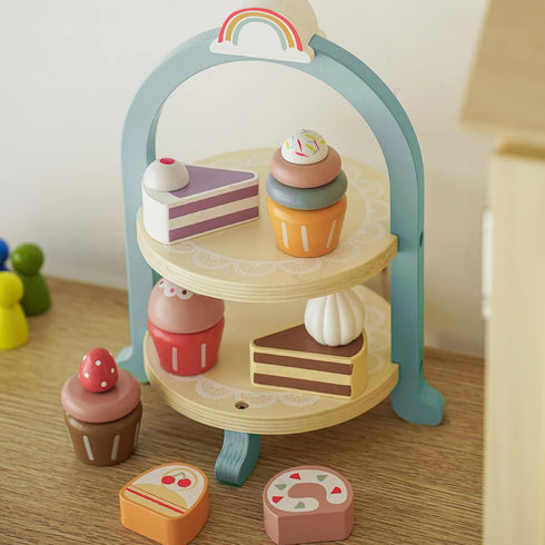MIKNEKE Set Set Sets Wooden Dessert Cake Play Food Toys, Pretend Play Kids Tea Party for Little Girls Toddlers