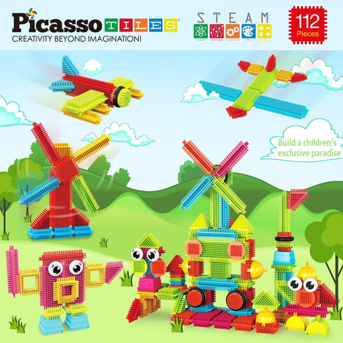 Picasso Toys 112pcs Hedgehog Blocks - STEM Building Tiles Set for Construction Learning, Creativity Beyond Imagination