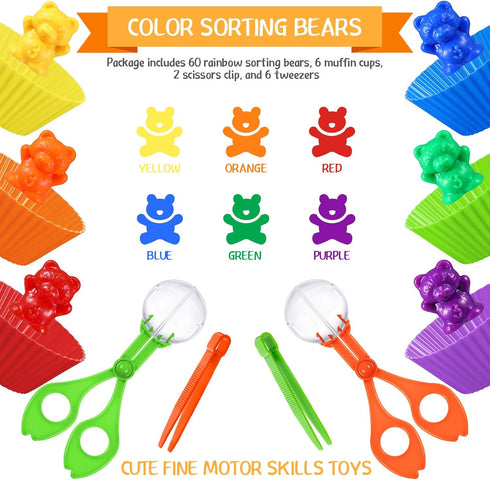 74 Pieces Counting Sorting Bears Set, Sensory Bin Tools with 60 Rainbow Sorting Bears, Tweezers, Scissors Clips,