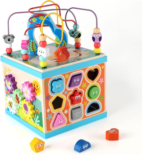 Qilay Wooden Activity Cube for Toddlers 1-3 - 5 in 1 Multipurpose ABC-123 Abacus Bead Maze Shape Sorter