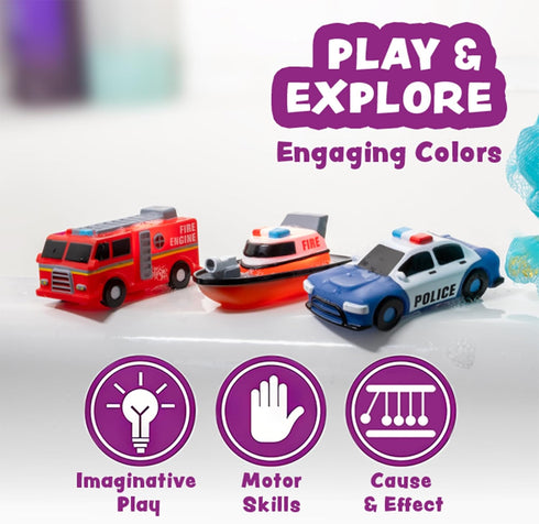 12 Pack Tub Works Emergency Cars Light Up Bath Toys, | Water-Activated Light Up Toys Flash & Change Color | Easy-Grip