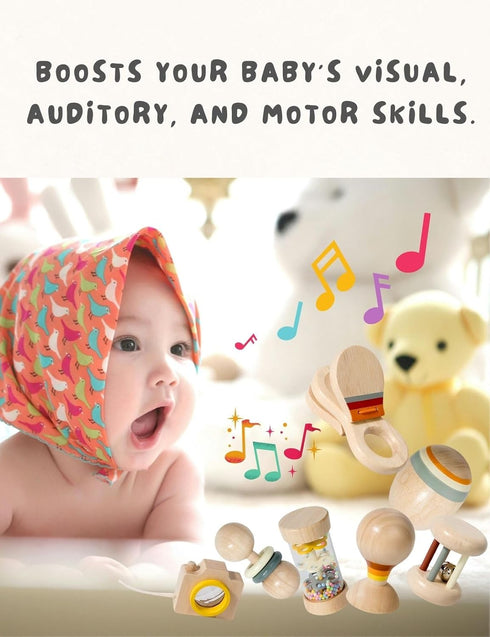 BONOVISTA 7 Set 0-6 0-12 PCS Wooden Baby Toys - Organic Infant Rattles Newborns Month & Montessori-Inspired Musical