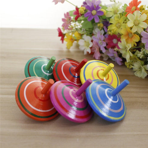 6 Pcs Set of Handmade Painted Wood Spinning Tops, Educational Toys for Kindergarten