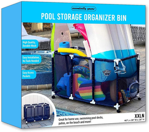 Pool Noodles Holder, Mesh Rolling Storage Organizer Bin for Toys, Balls, and Floats, Kids Height, Large (Blue/White