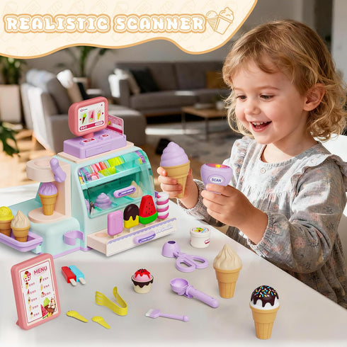 3 4 5 6 Counter Playset 3 4 5 6 Ice Cream Toy for Year Old Girls, Play Ice Cream Shop for Kids, Ice Scoop, Play Casiher