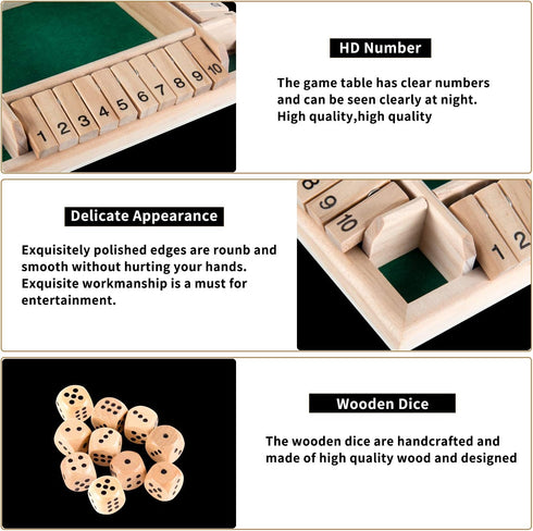 AMEROUS Shut The Box Dice Game - Classic 4 Sided Wooden Board Game for 1-4 Players, Includes 10 Dice