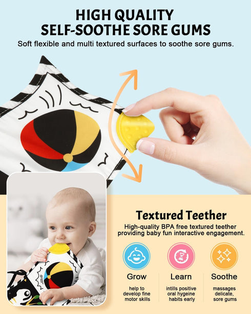 Newborn Toys - High Contrast Baby Books with Teether for 0-12 Months, Sensory Learning Activities Gift