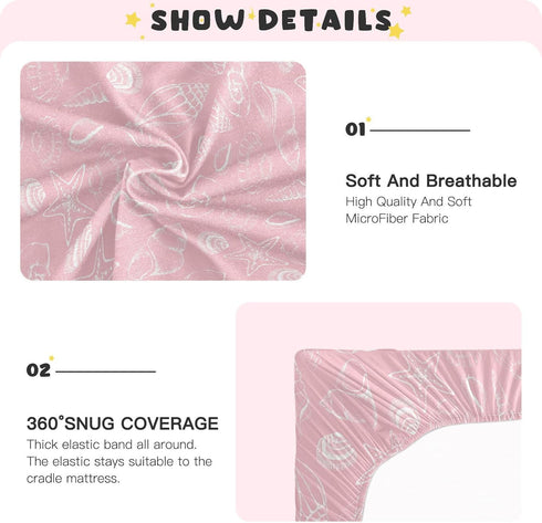 GOODOLD 39x27 Inch Pack Pink Seashells Crib Sheets for Boys Girls, Soft and Breathable n Play Sheets, Portable Mini
