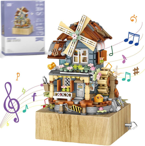 Music Box Building Blocks Set: Japanese Street View Windmill House Creative Model for Adults