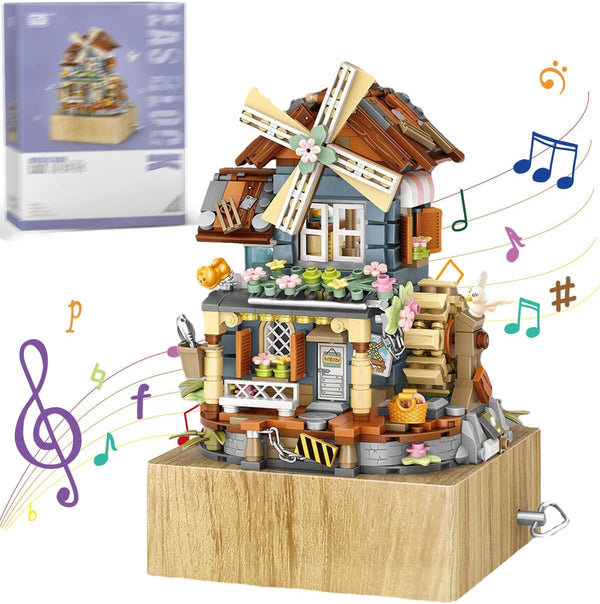 Music Box Building Blocks Set: Japanese Street View Windmill House Creative Model for Adults